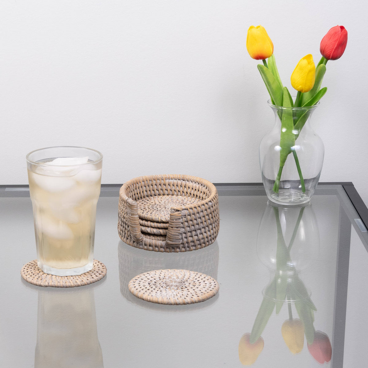 Handwoven Rattan Round Coaster Set with Storage Box 7 Pieces