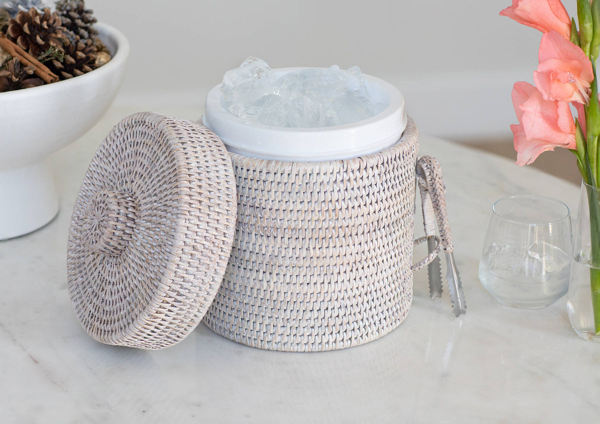 Rattan Ice Bucket with Tongs – Beverage Cooler