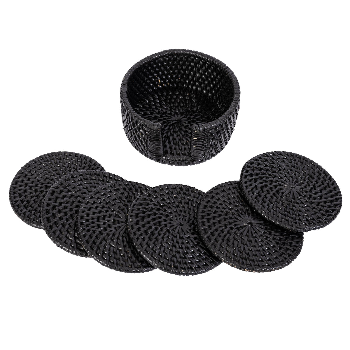Handwoven Rattan Round Coaster Set with Storage Box 7 Pieces