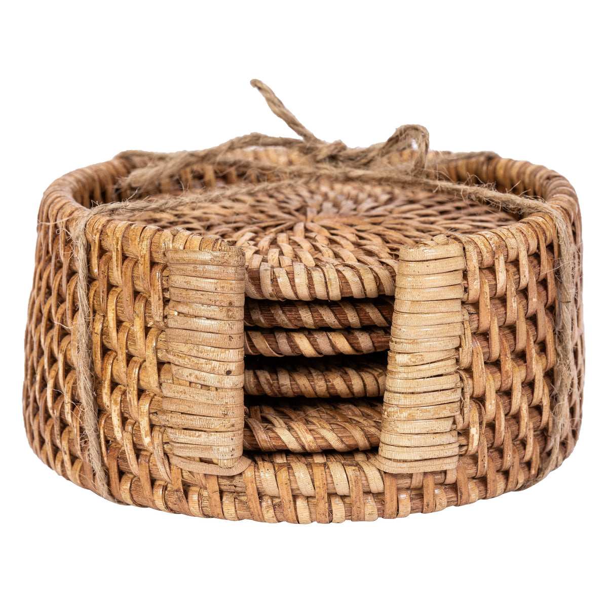 Handwoven Rattan Round Coaster Set with Storage Box 7 Pieces