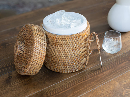 Rattan Ice Bucket with Tongs – Beverage Cooler