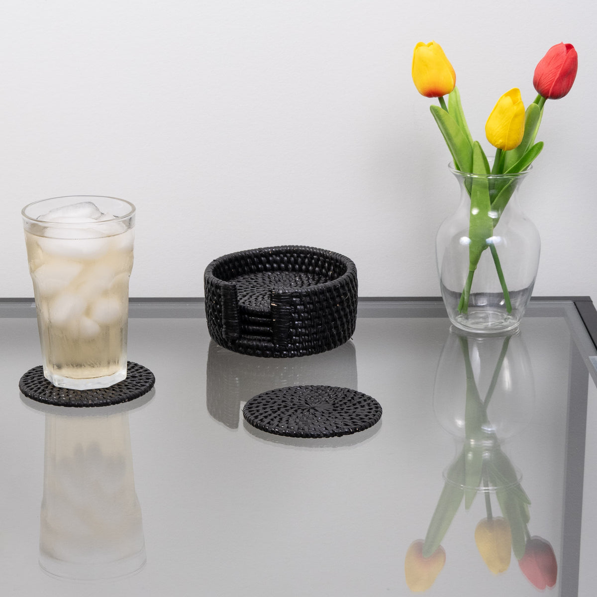 Handwoven Rattan Round Coaster Set with Storage Box 7 Pieces