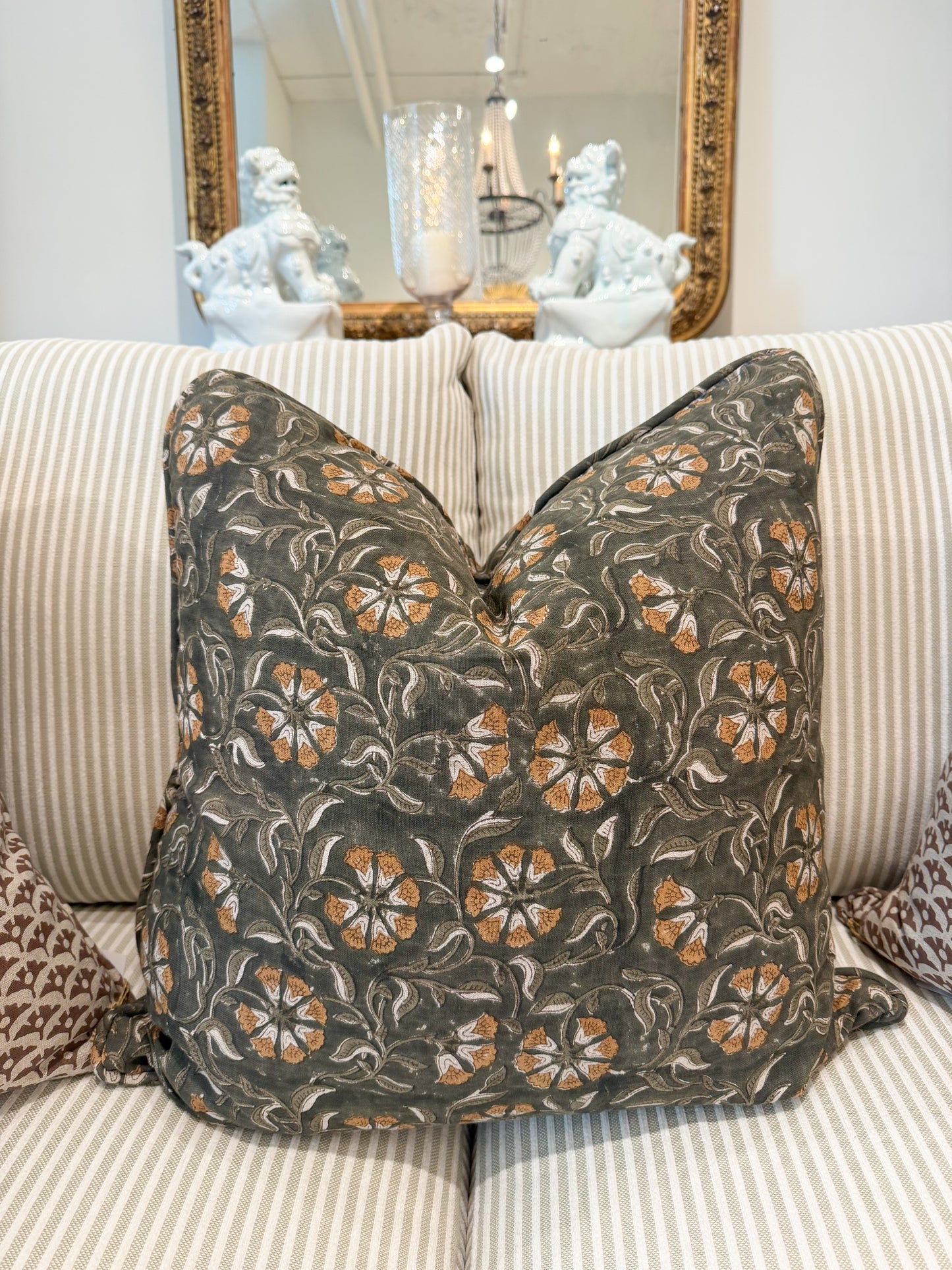 Olive and Taupe Indian Hand Block Pillow