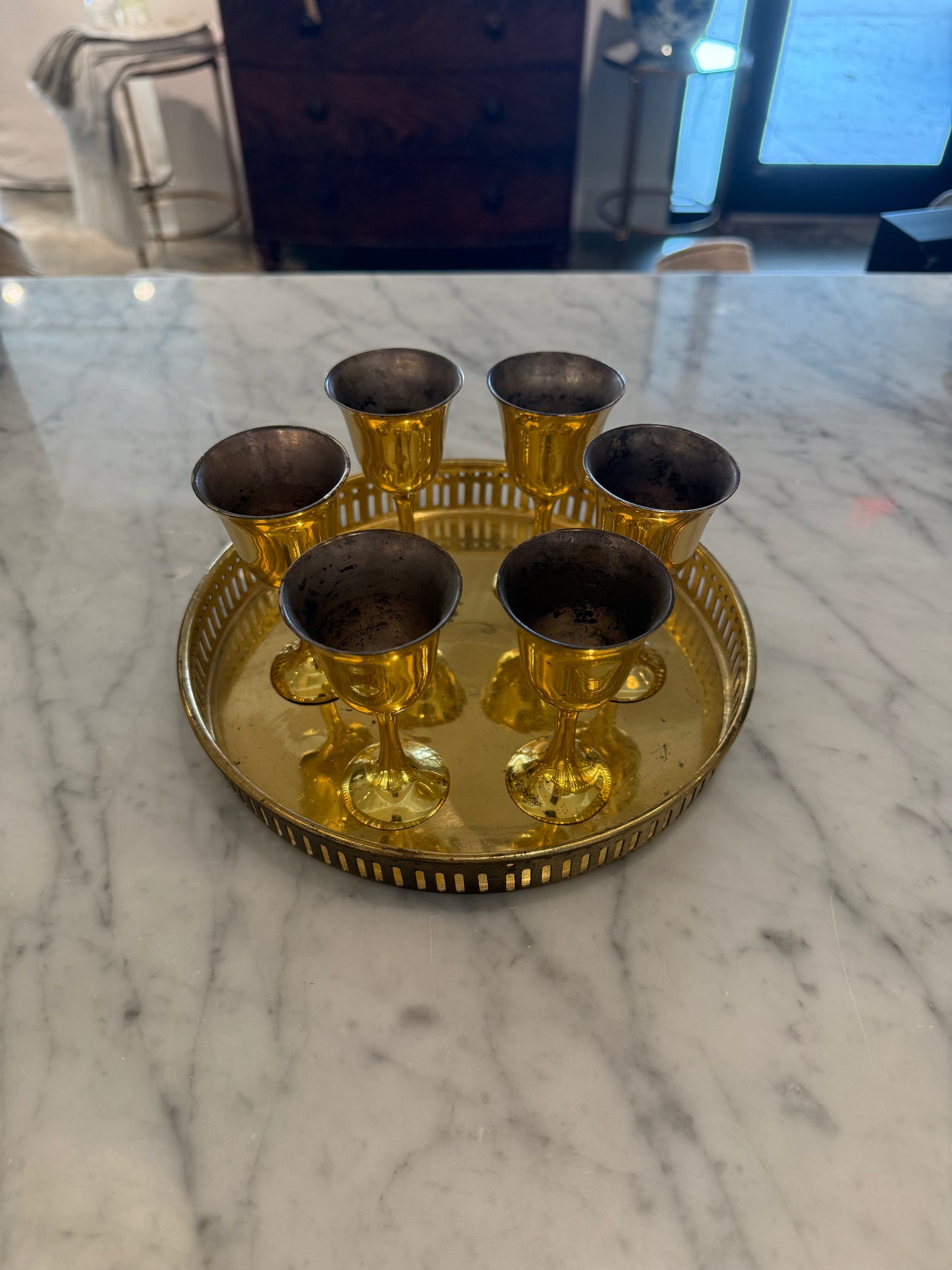 Brass Tray with Set of 6 Goblets