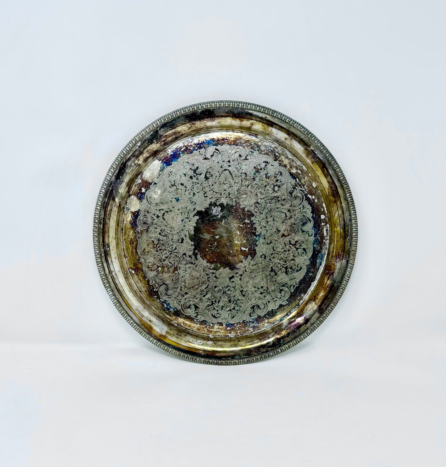 Etched Round Silver Platter