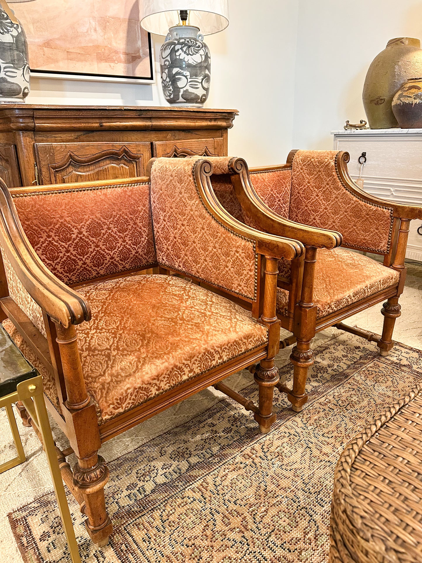 Pair of Antique Victorian Green Striped Chairs