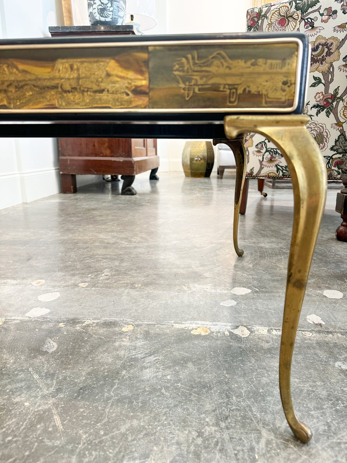 Vintage Chinoiserie Etched Brass Coffee Table