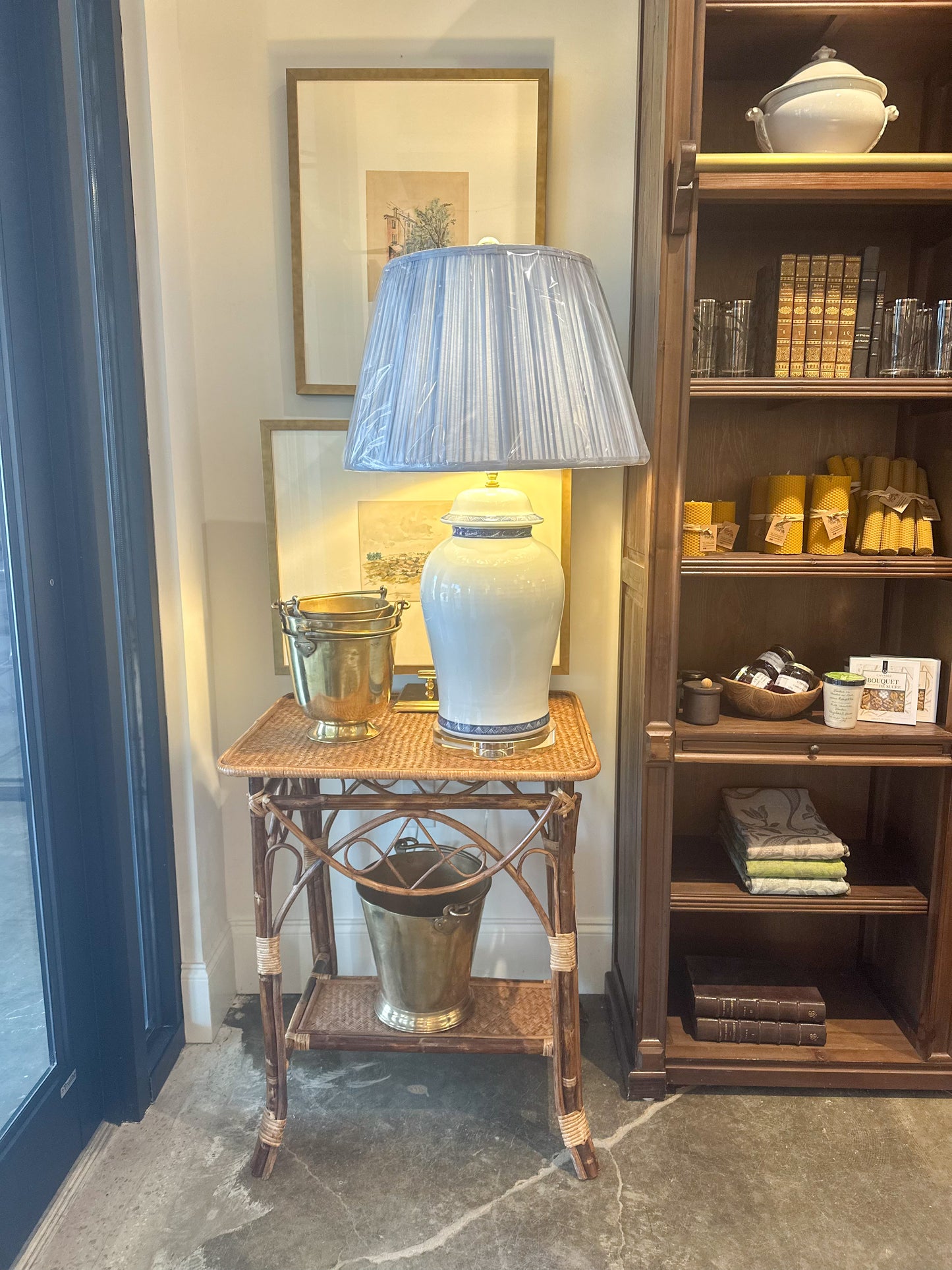 White Jar Lamp with Light Blue Shade