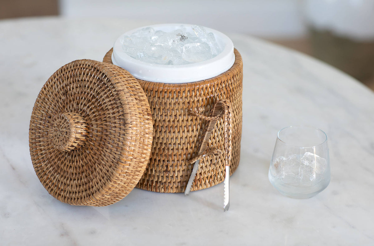 Rattan Ice Bucket with Tongs – Beverage Cooler