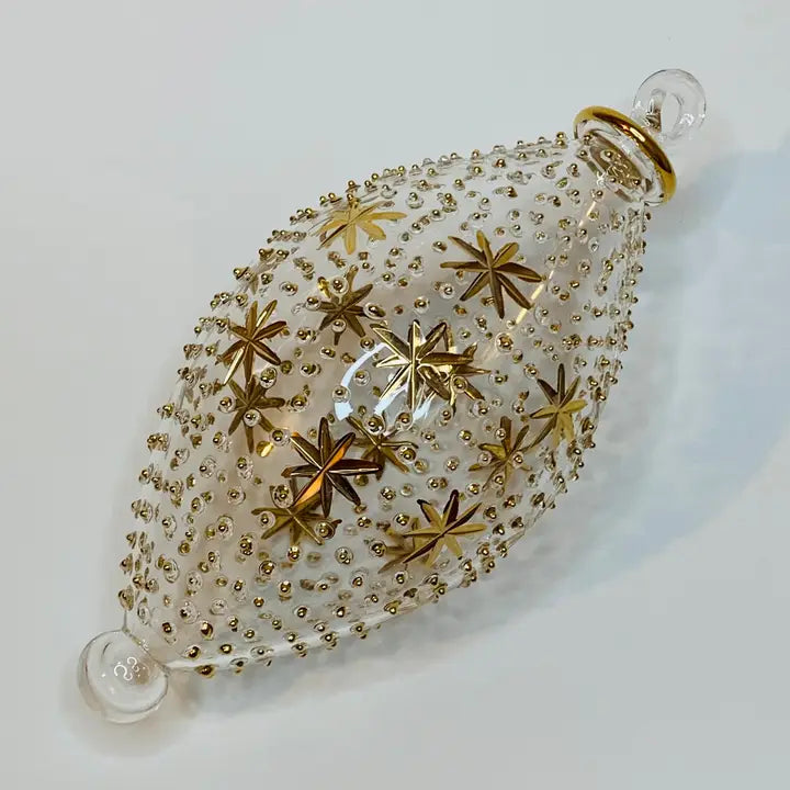 Blown Glass Oval Ornament - Gold Stars & Dots