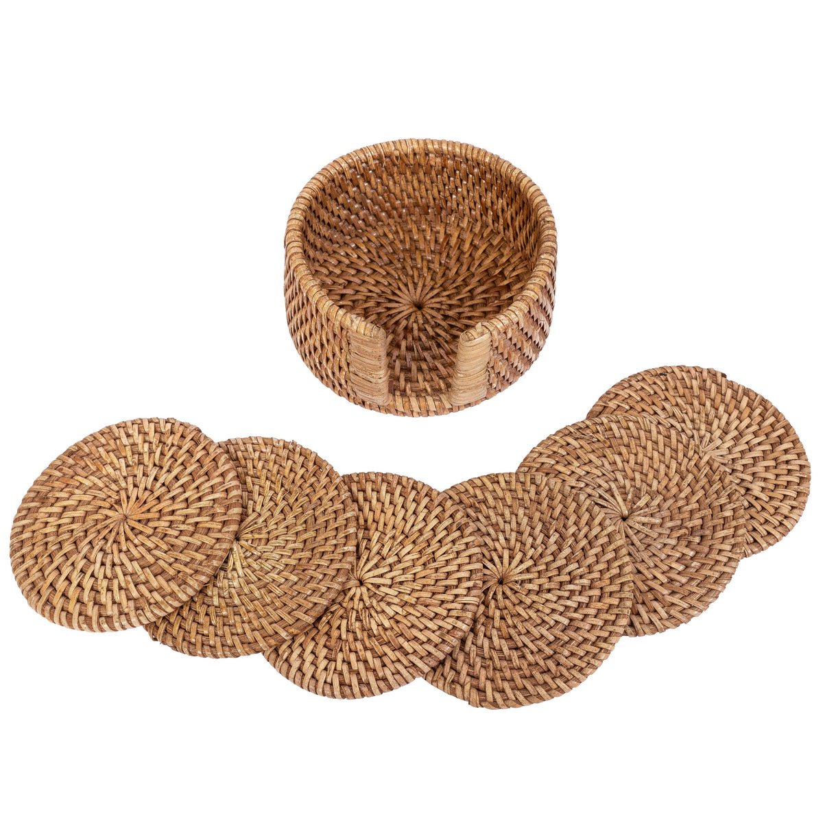 Handwoven Rattan Round Coaster Set with Storage Box 7 Pieces