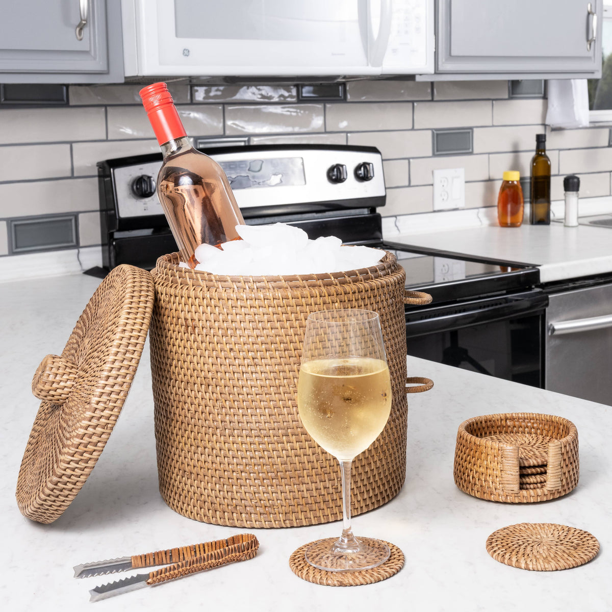 Rattan Ice Bucket with Tongs – Beverage Cooler