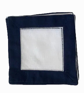 Navy/White Hemstitch Cocktail Napkins - Set of 6