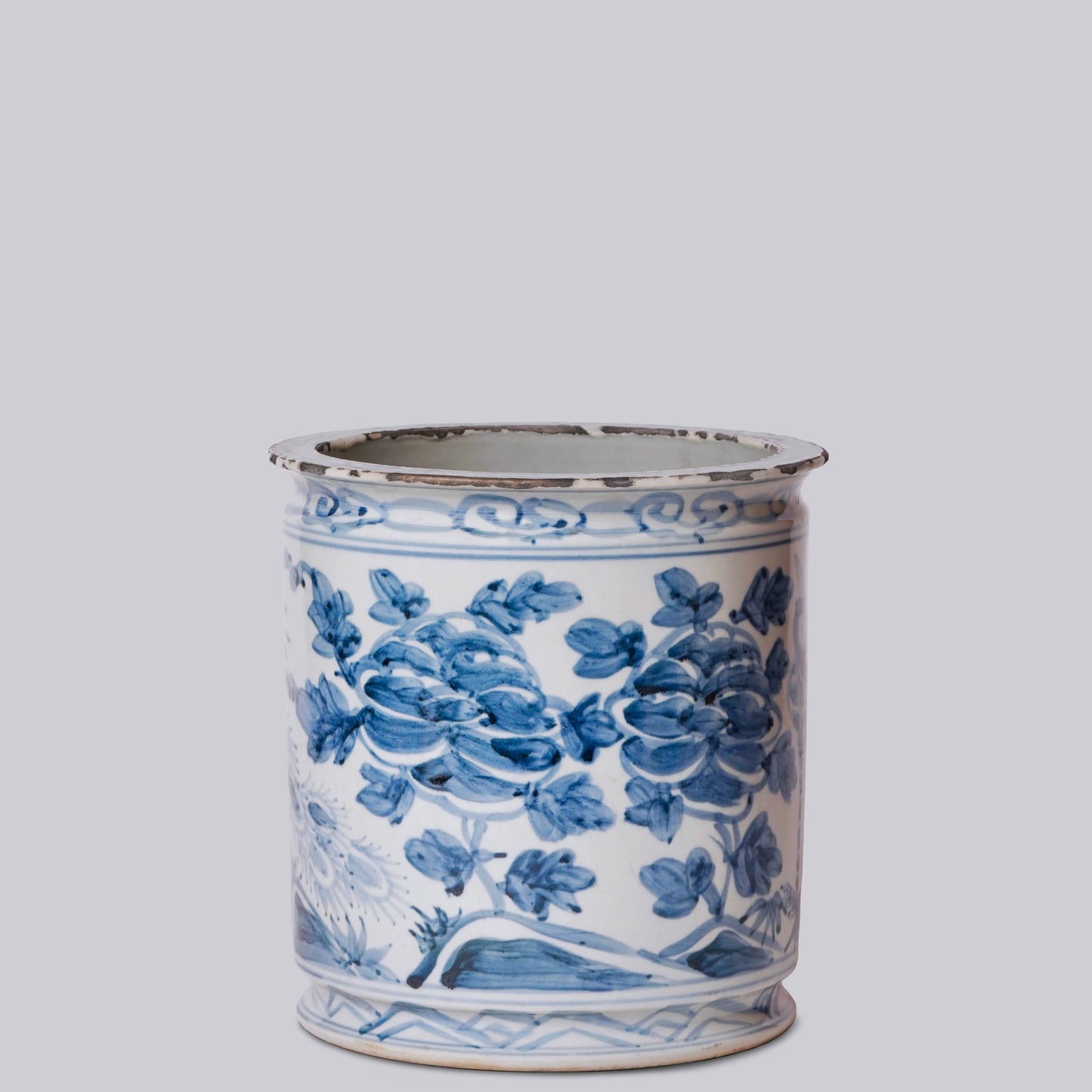Rustic Peacock Blue and White Porcelain Cachepot