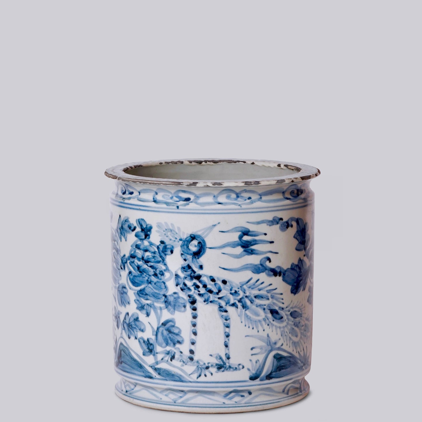 Rustic Peacock Blue and White Porcelain Cachepot
