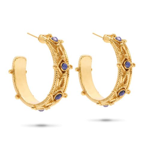 Victoria Hoop Earrings in Hammered Gold/Blue Labraorite
