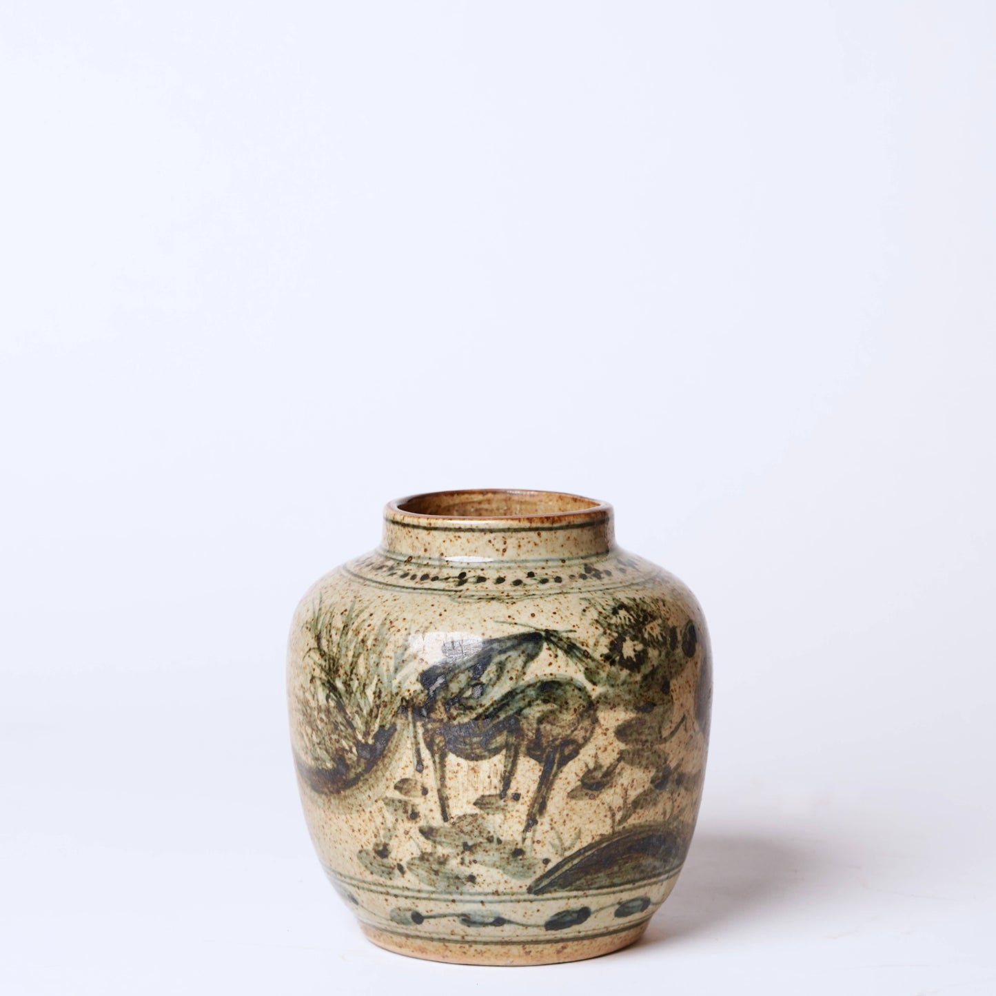 Rustic Porcelain Crane and Deer Small Round Vase