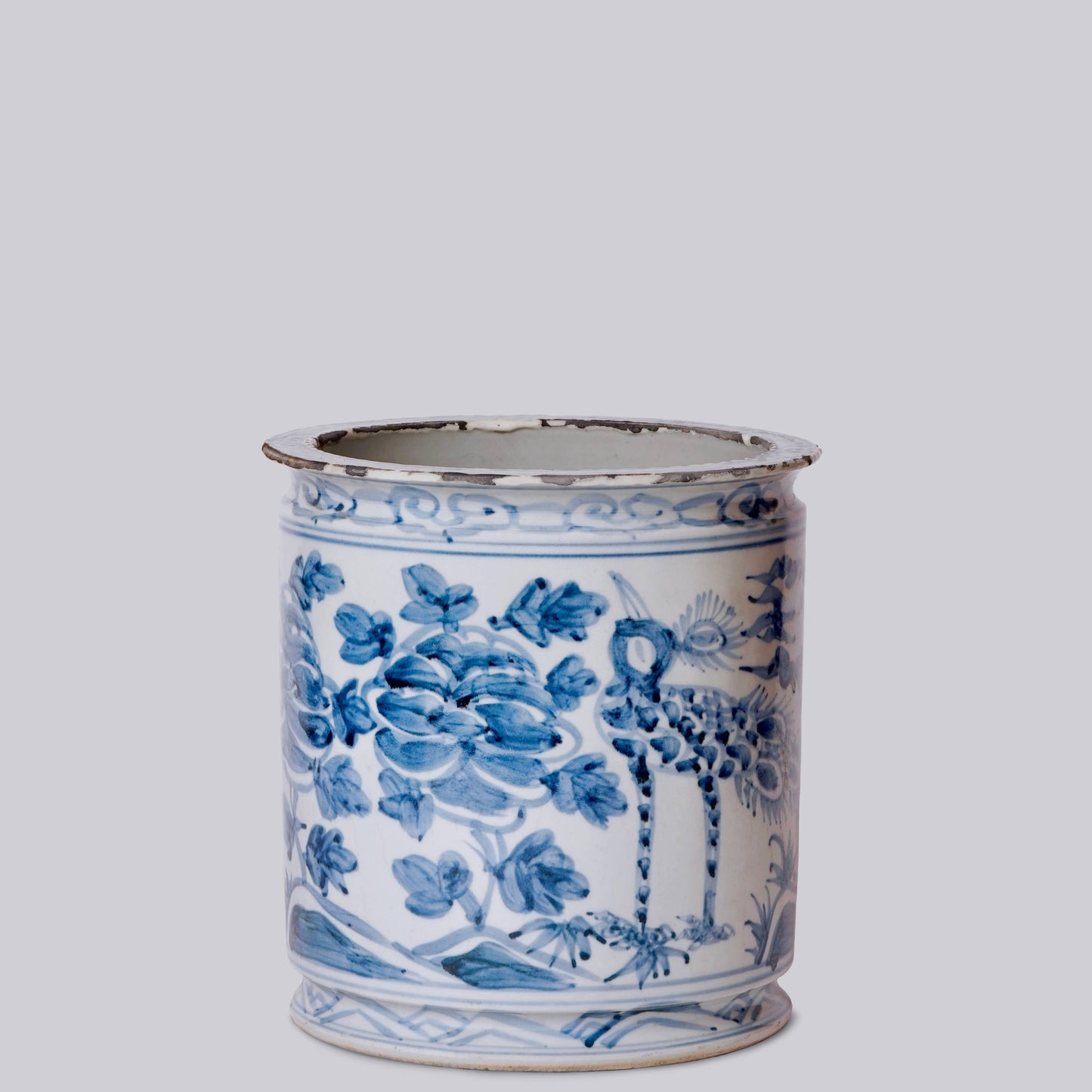 Rustic Peacock Blue and White Porcelain Cachepot