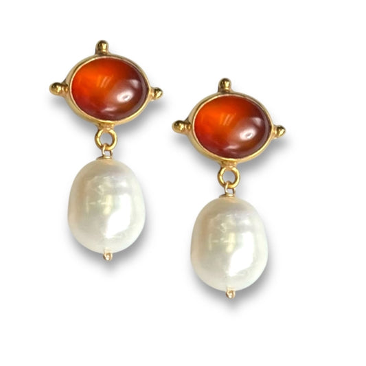 Carnelian Pearl Drop Earrings