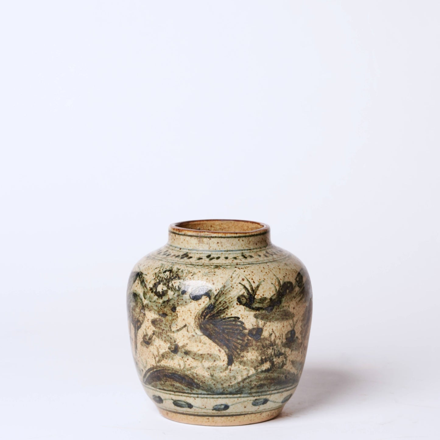 Rustic Porcelain Crane and Deer Small Round Vase