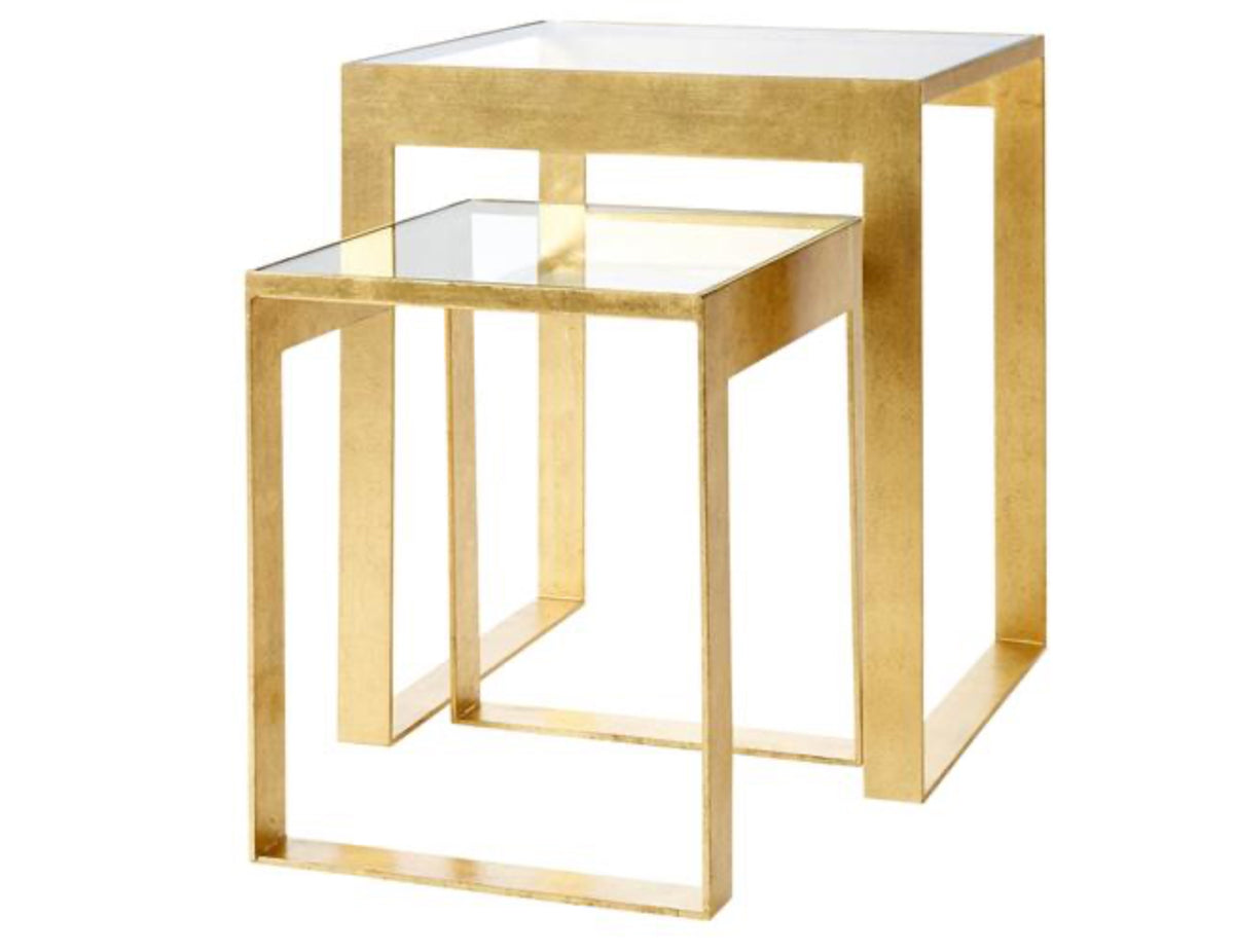 Villa and House Modern Glass Top Gold Leaf Iron Square Nesting Tables