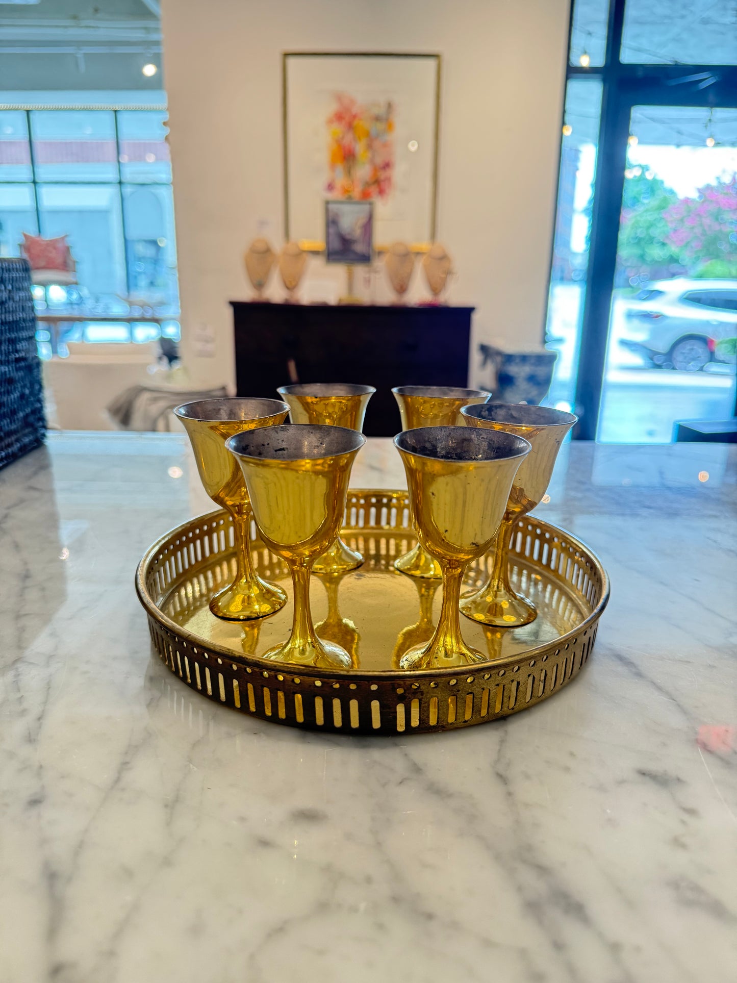 Brass Tray with Set of 6 Goblets