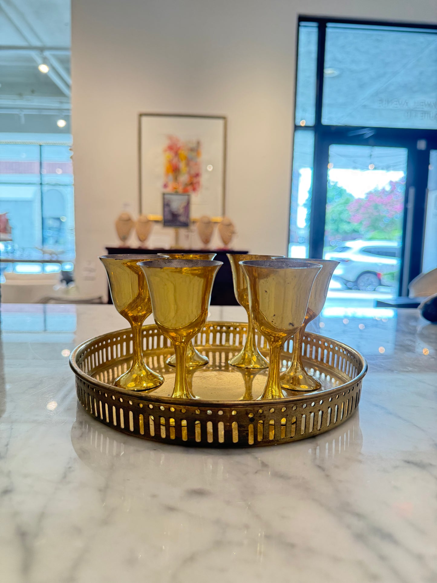 Brass Tray with Set of 6 Goblets