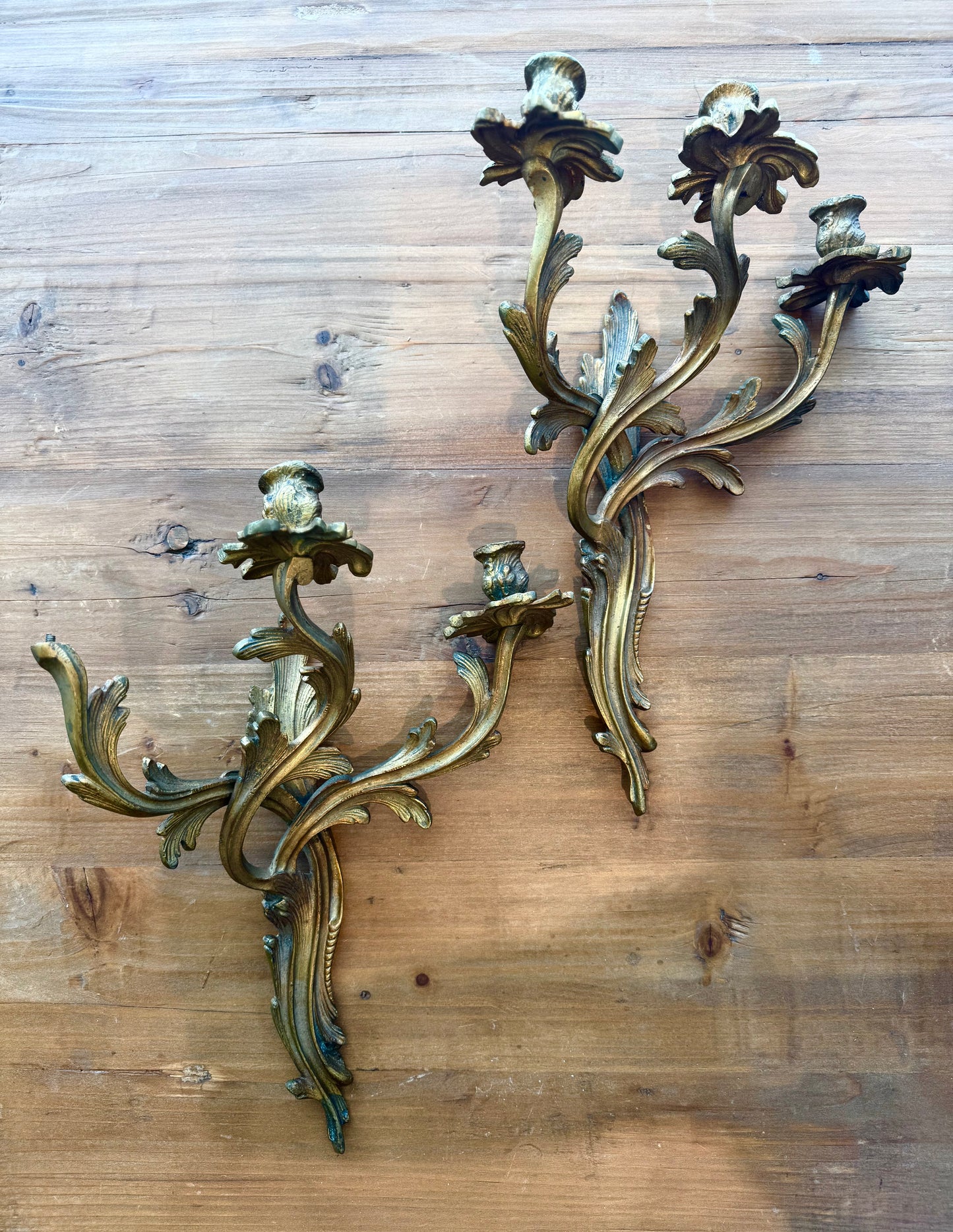 Flower and Leaf Brass Wall Candle Sconces - Pair