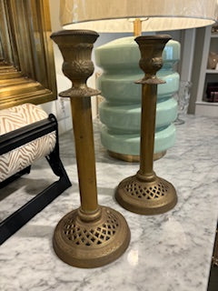 Pair Brass Lattice Bottom Candlesticks