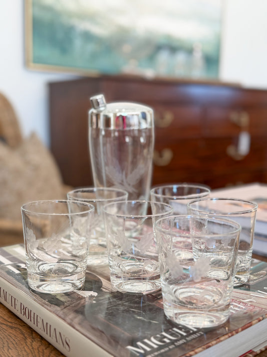 Set of Low Ball Etched Glasses with Cocktail Shaker