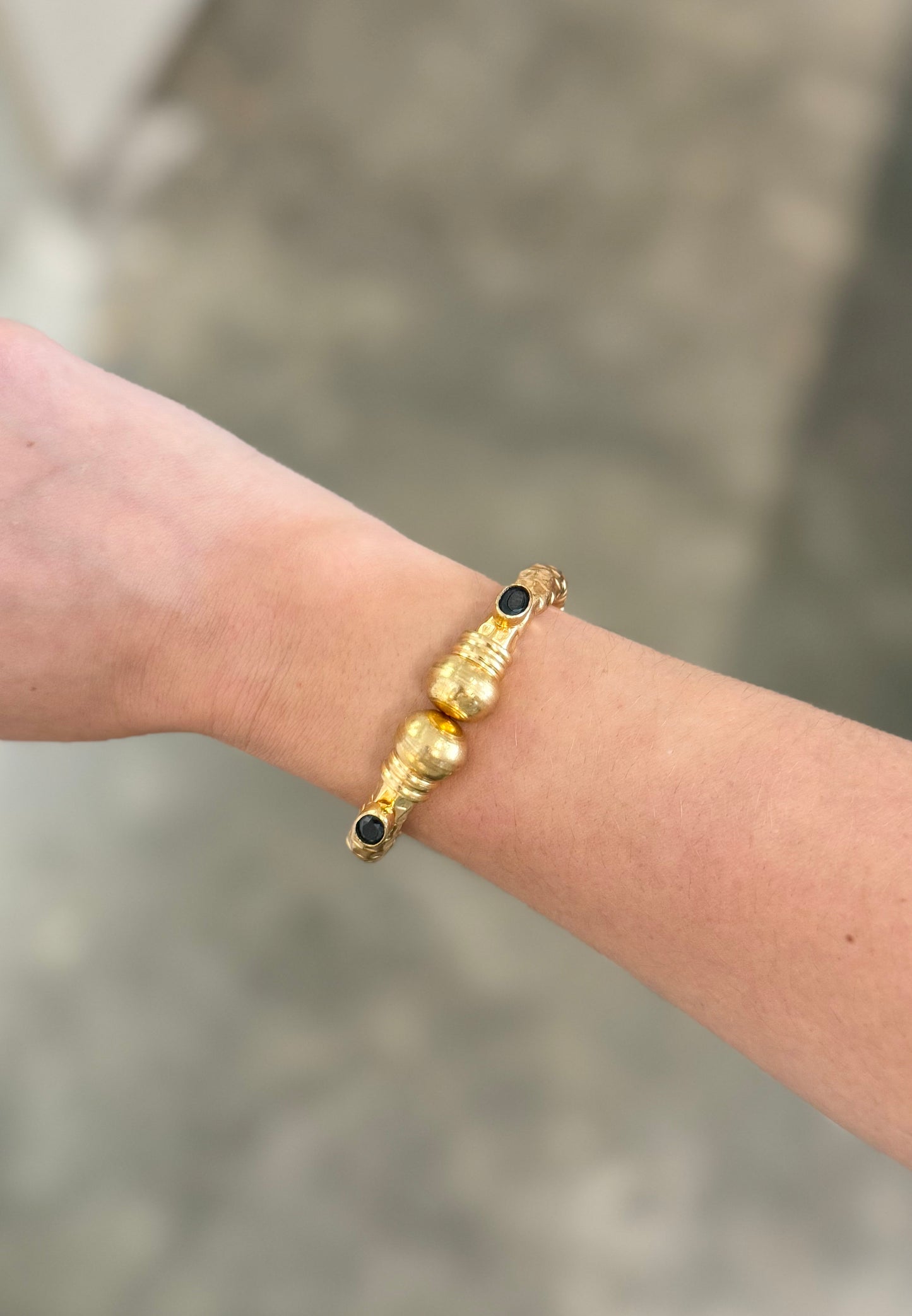 Gold Hinged Bangle with Black Stones