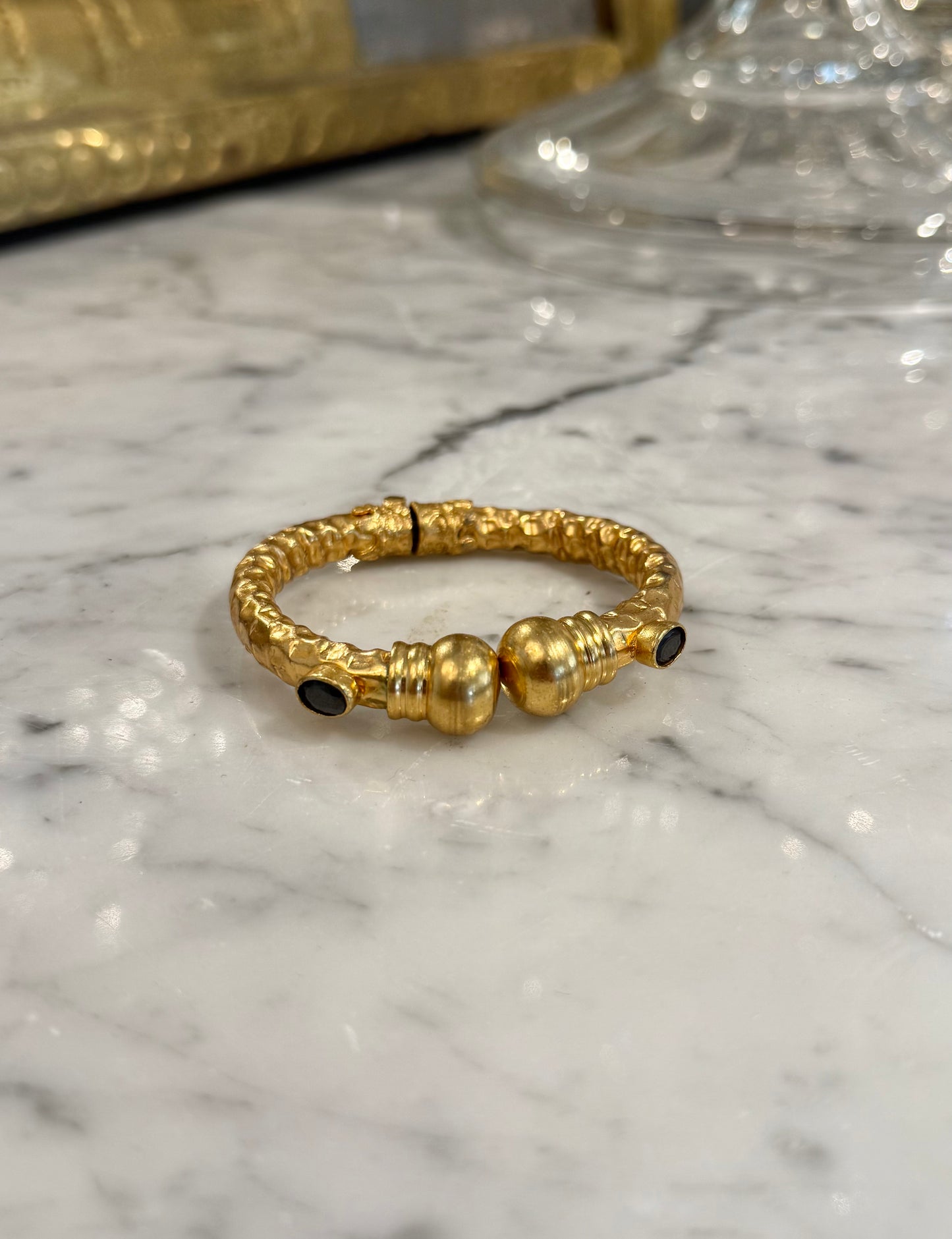 Gold Hinged Bangle with Black Stones