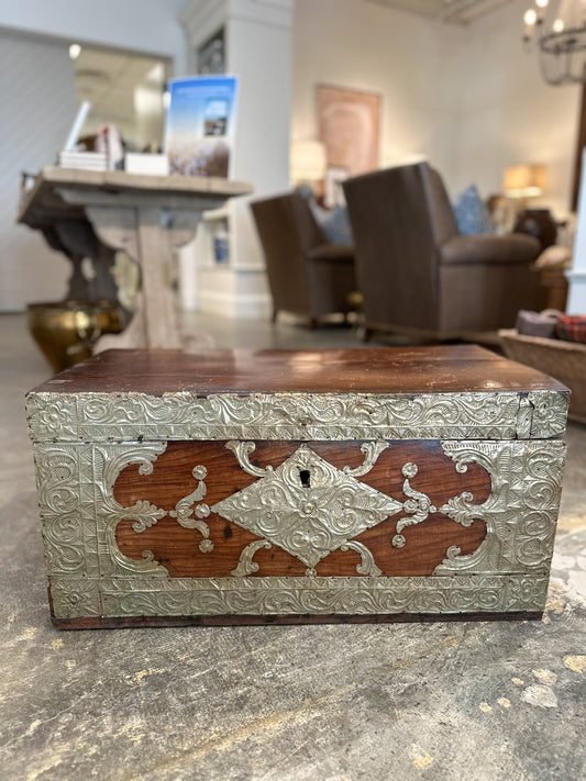 Antique Wood Trunk with Metal Overlay