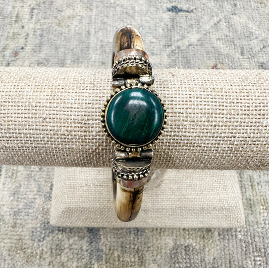 Wood and Round Jade Bangle Bracelet