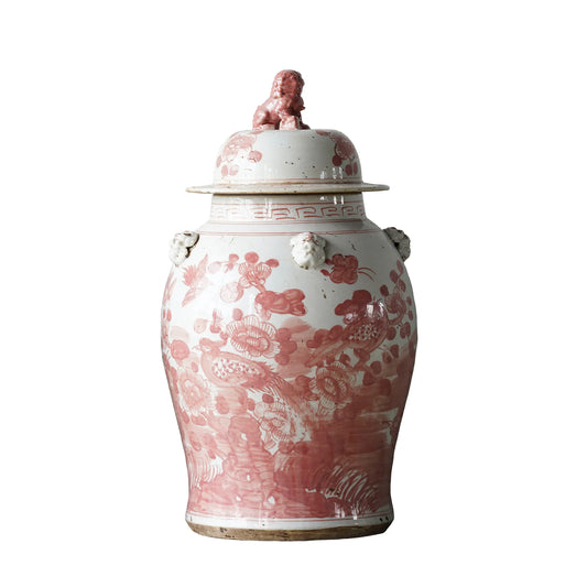Hand-Painted Temple Jar, Red with Flowers - Large