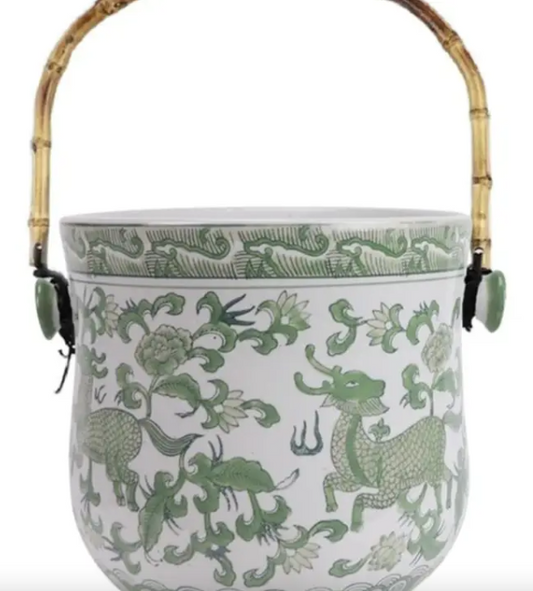 Green & White Bamboo Handle Ice Bucket