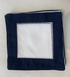 Navy/White Hemstitch Cocktail Napkins - Set of 6