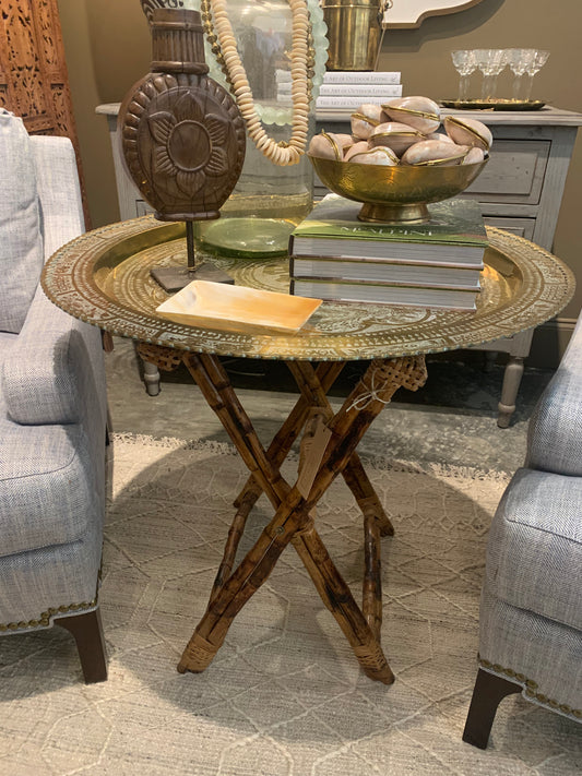 Large Etched Brass Tray Table on Bambo Stand